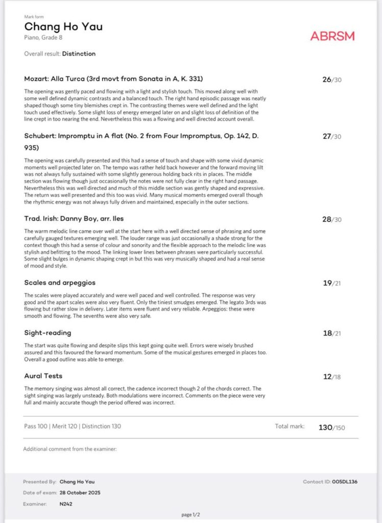 張可悠同學考獲ABRSM Grade 8 Distinction